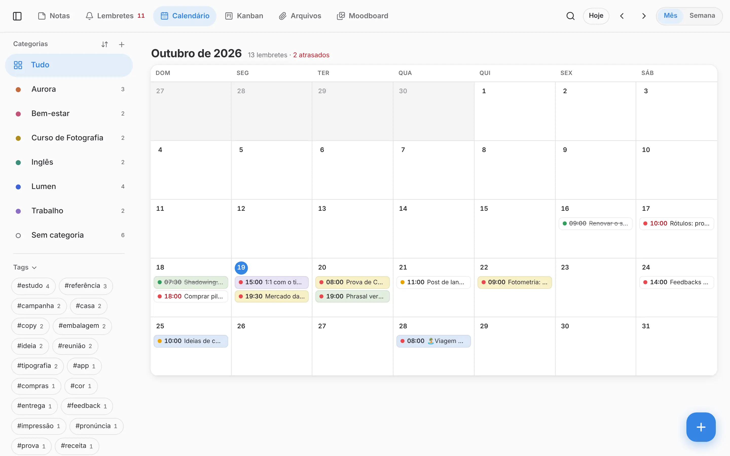 Calendário do mês com os lembretes em cada dia, coloridos pelo status