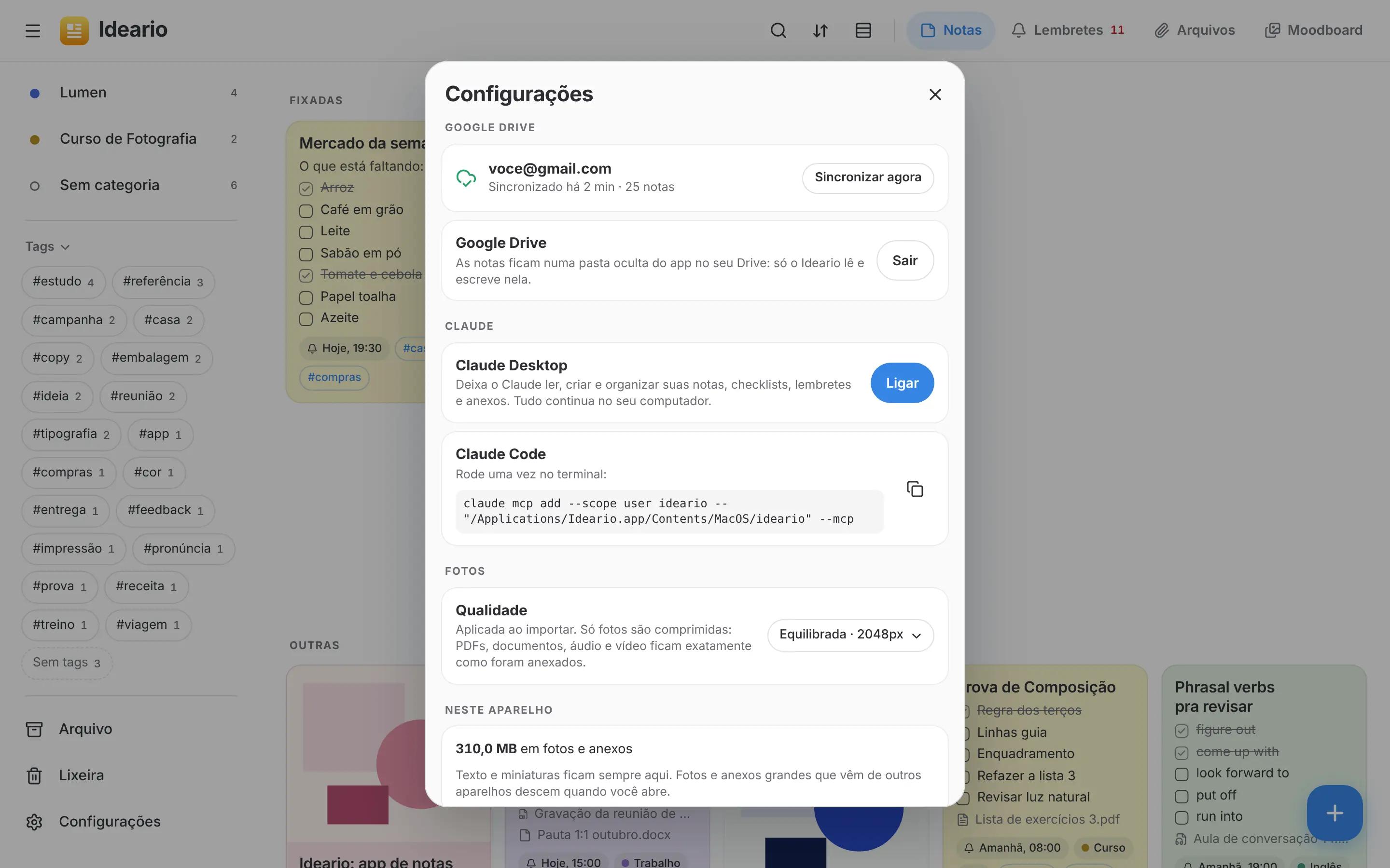Configurações do Ideario com a sincronização do Google Drive e o botão para ligar no Claude Desktop