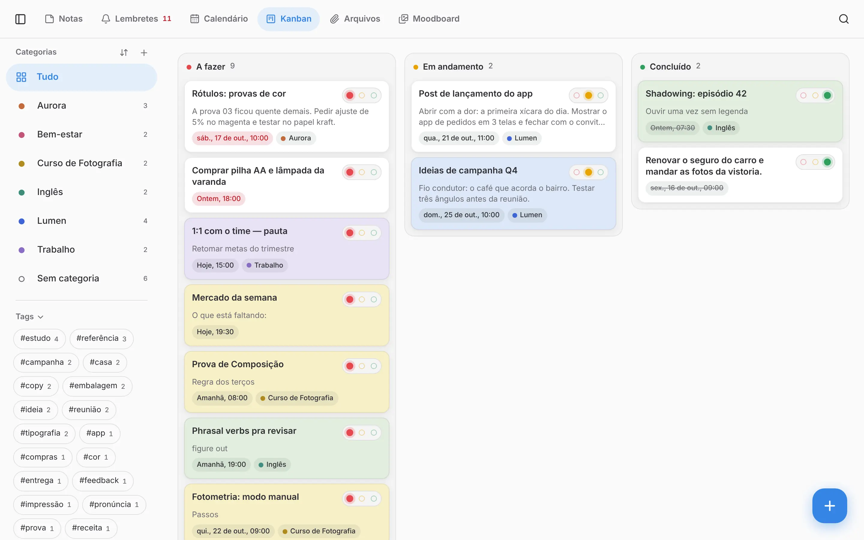 Kanban com os lembretes em três colunas: a fazer, em andamento e concluído