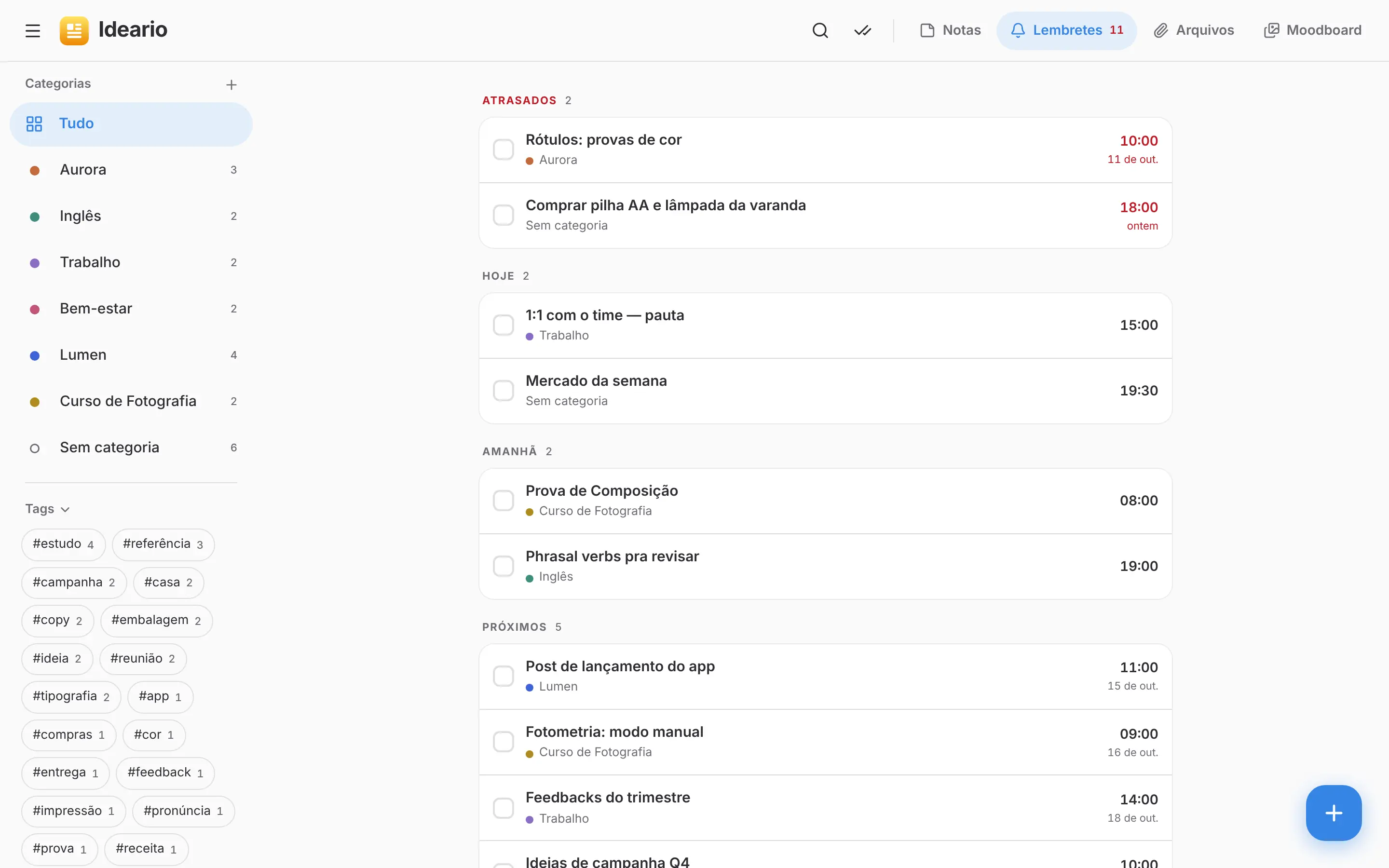 Lista de lembretes agrupada em atrasados, hoje, amanhã e próximos