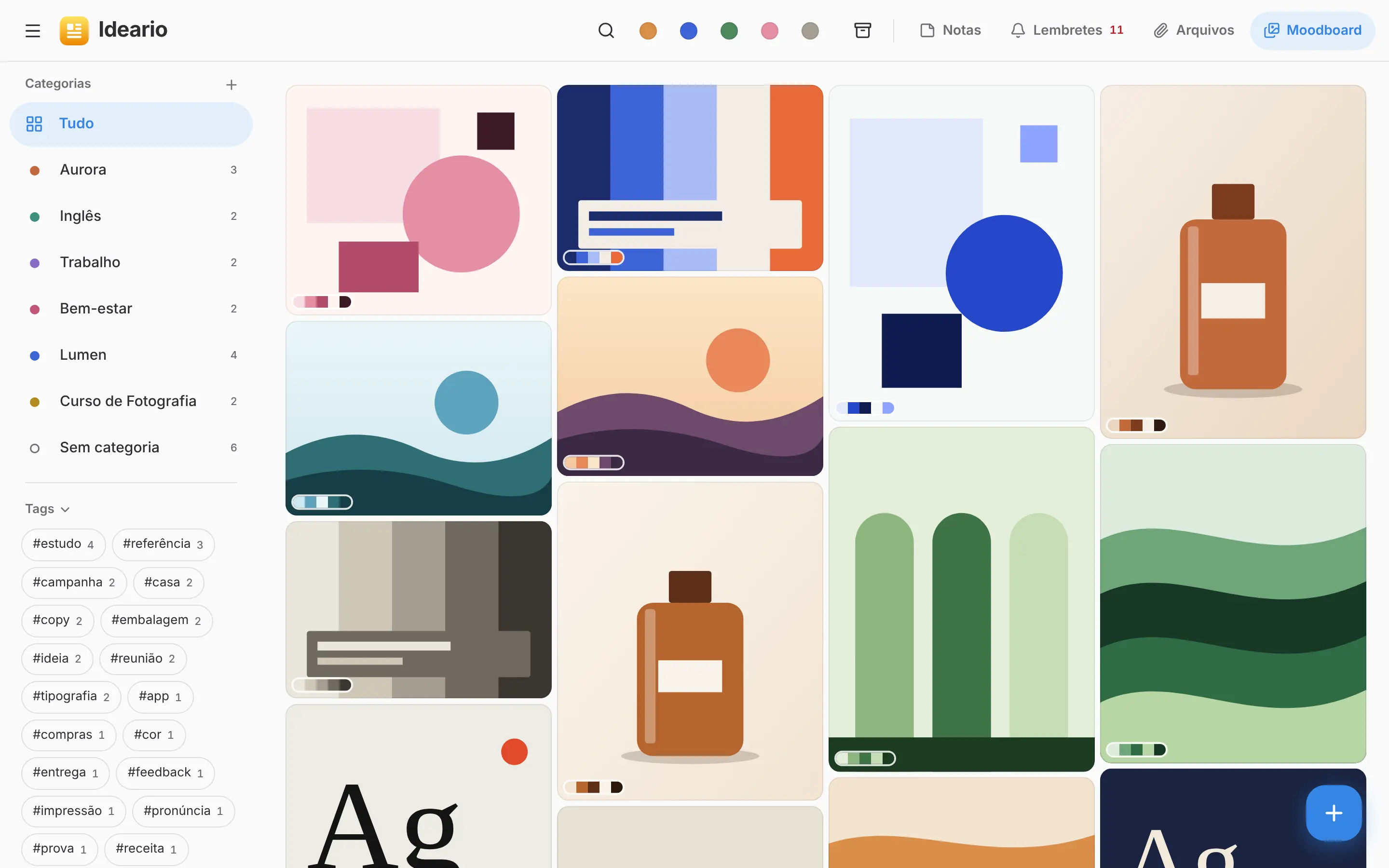 Moodboard com as imagens das notas em mosaico e a paleta de cores de cada uma