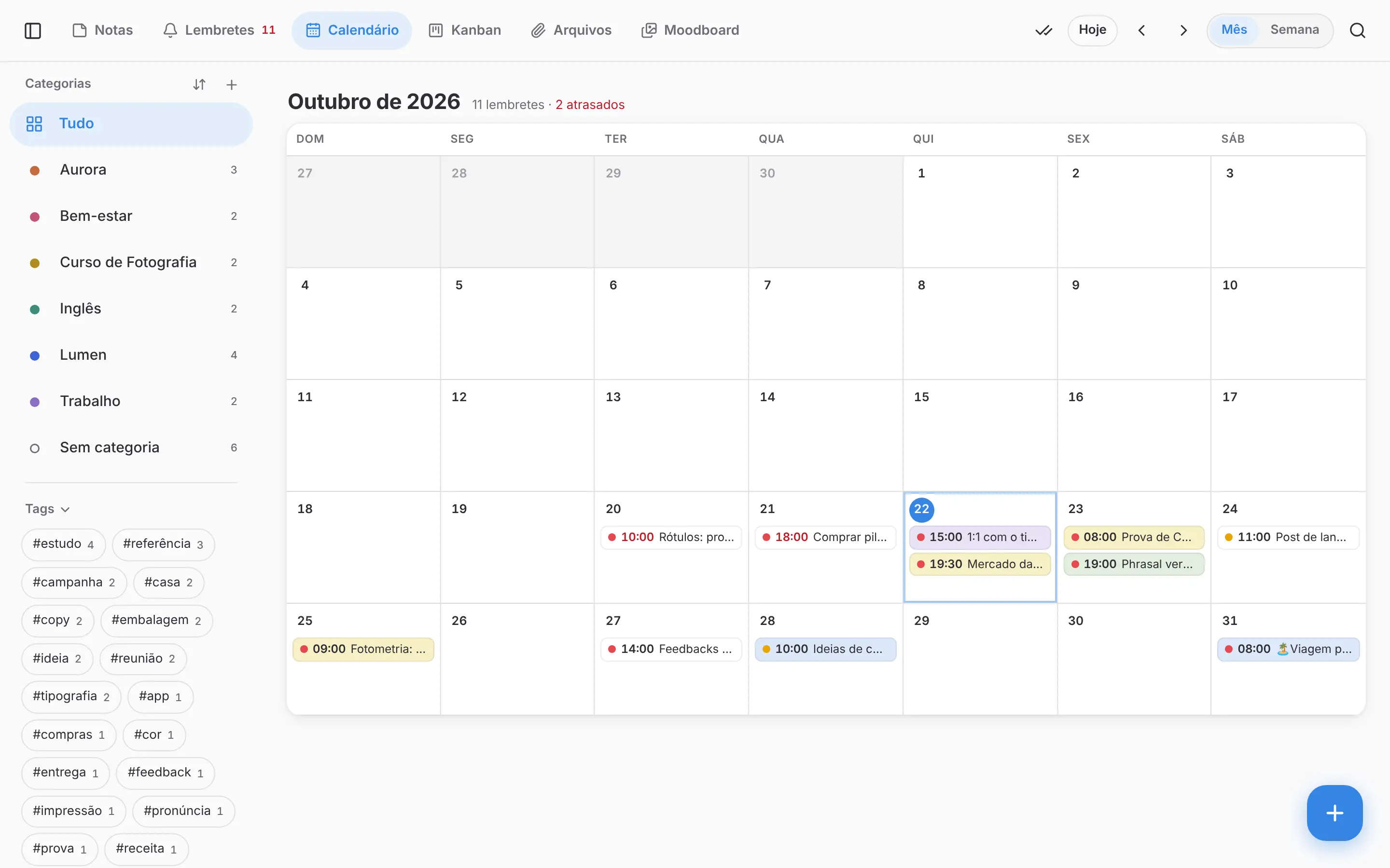 Calendário do mês com os lembretes em cada dia, coloridos pelo status