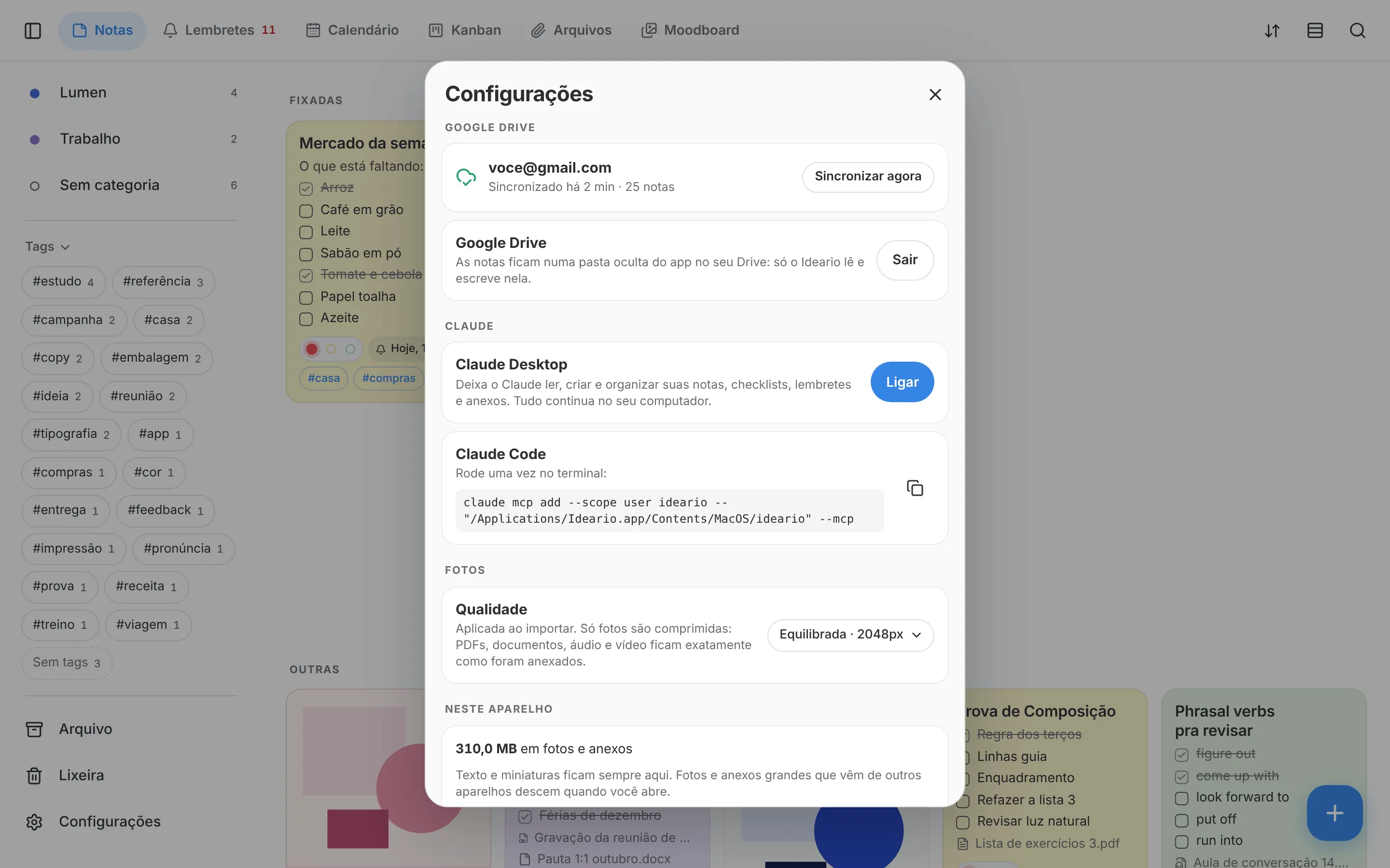 Configurações do Ideario com a sincronização do Google Drive e o botão para ligar no Claude Desktop