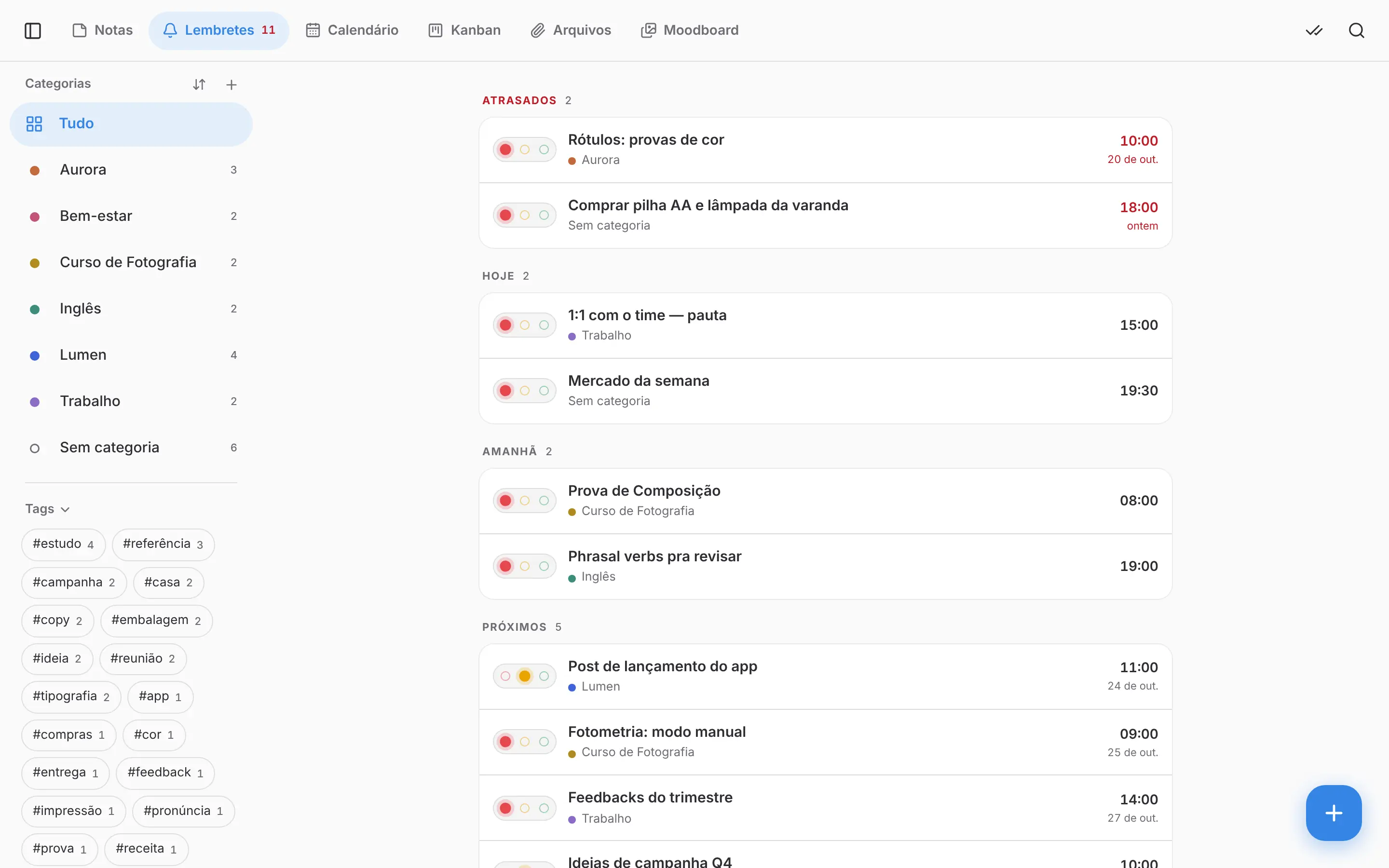 Lista de lembretes agrupada em atrasados, hoje, amanhã e próximos